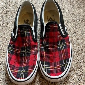 Vans Slip-On Red, Black & White Tartan Skate Shoes